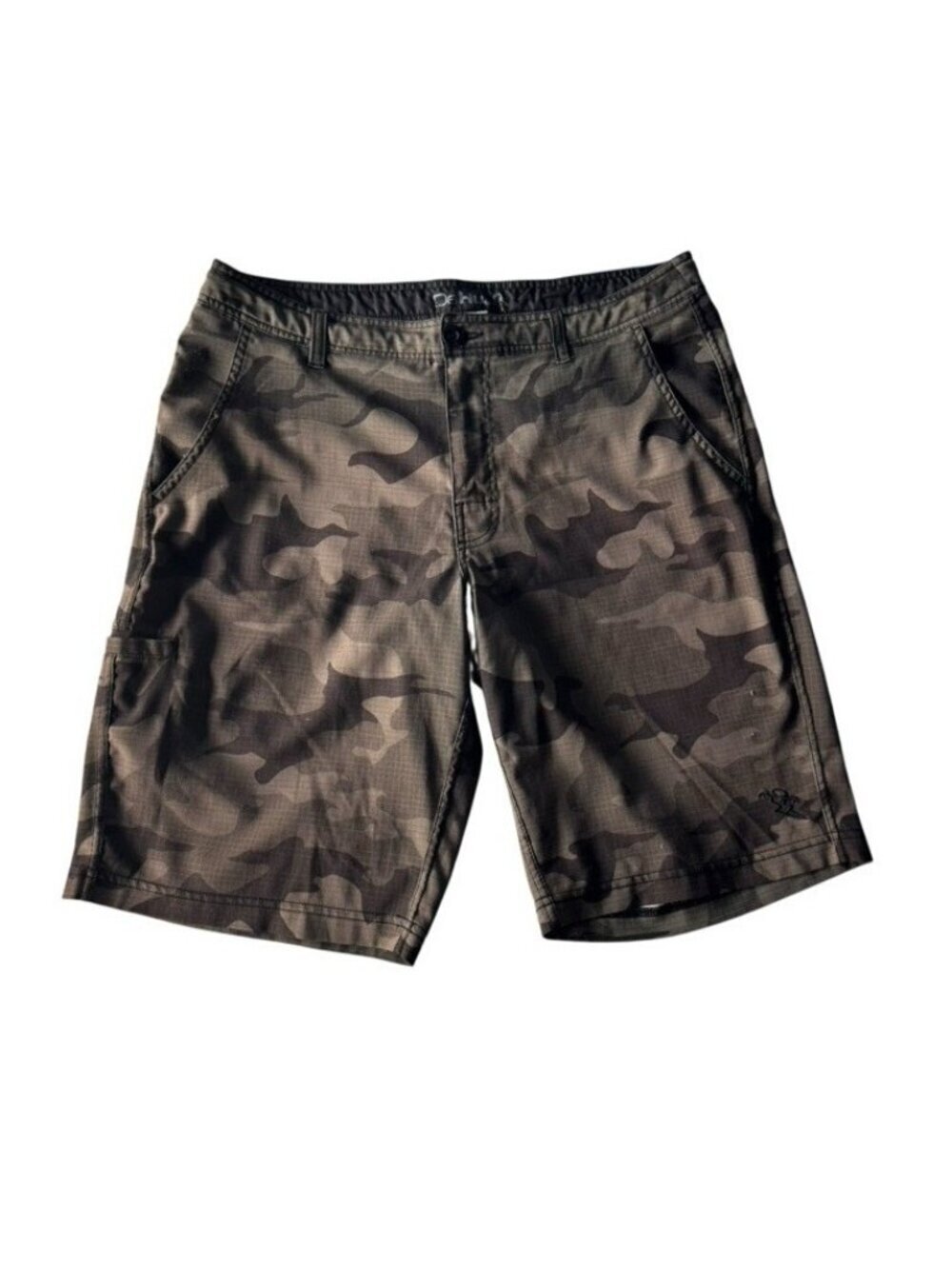 Da Hui Men's Sz 34 Green Brown Camo Stretch Mid Rise Slash Pockets Hybrid Shorts